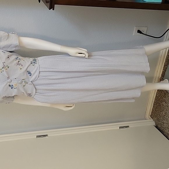 ANOTHER THYME 1980s Icy Blue Floral Gingham Tie Back Coquette Land Girl Dress - Picture 4 of 10